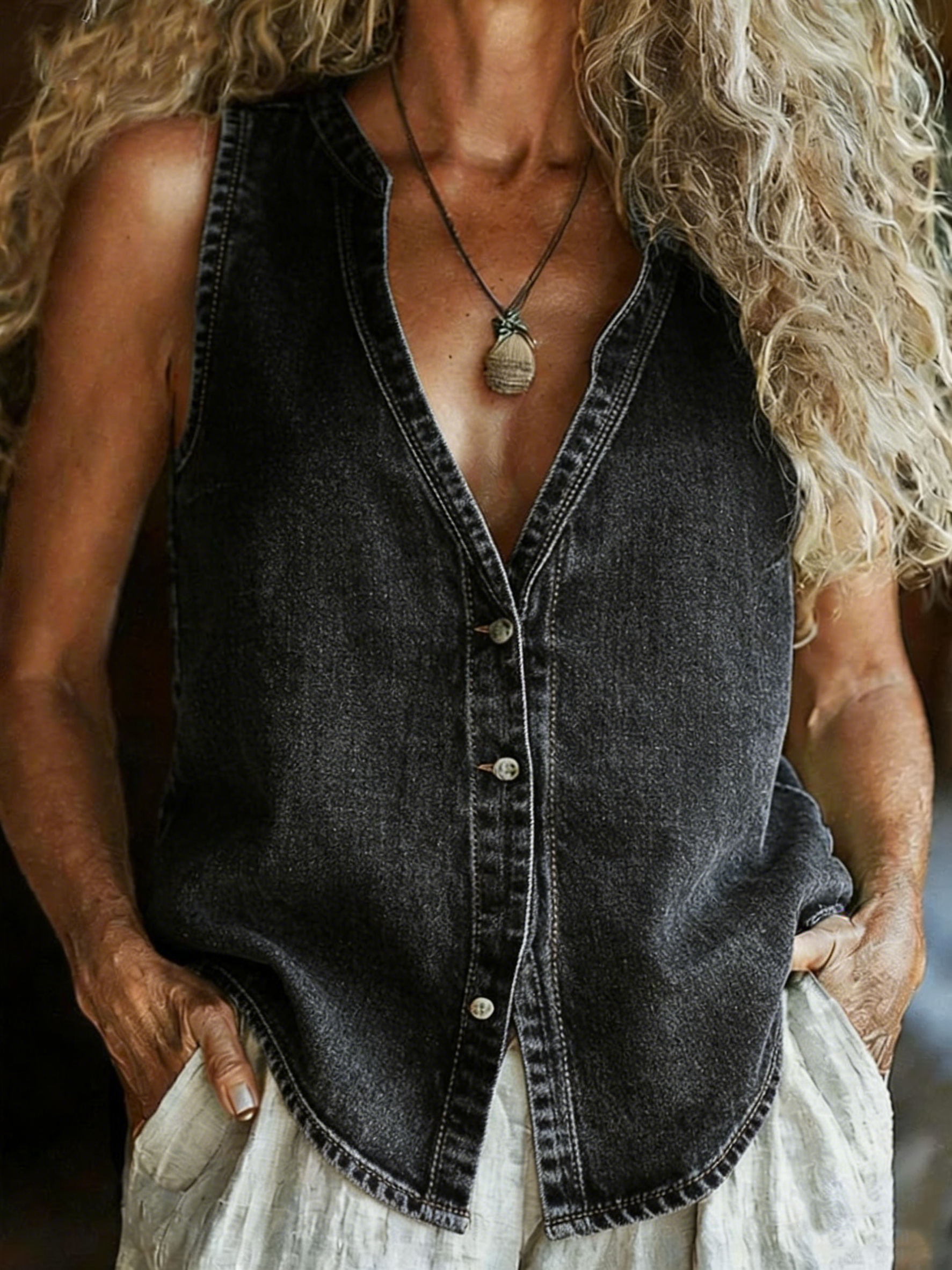 Women's Retro Casual V-neck Washed Cotton Denim Vest