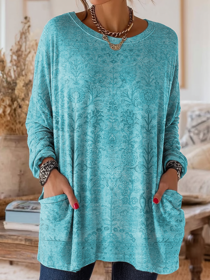 Women's Retro Ethnic Art Print Casual Long-Sleeve Round Neck Cotton T-Shirt