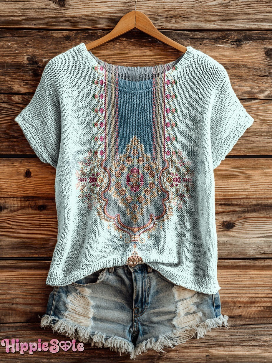 Women's Vintage Ethnic Embellished Patterns Art Printed Pockets V-Neck Cotton Dresses