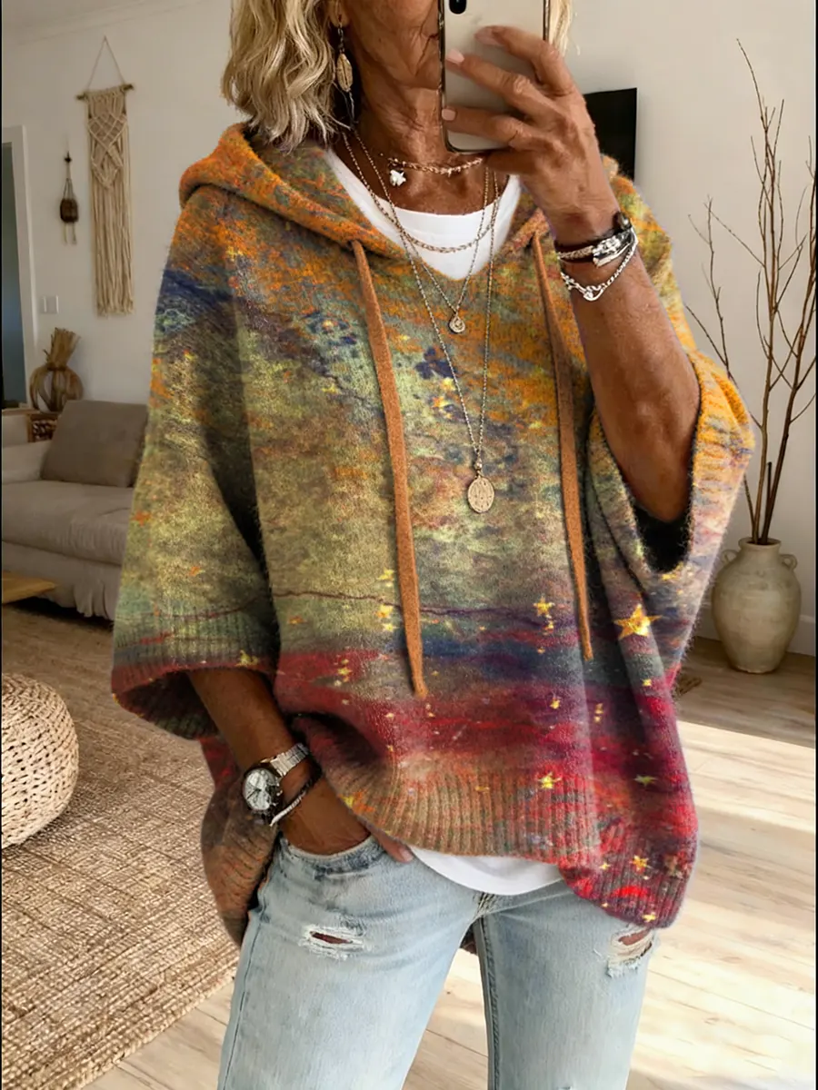 Women's Ethnic Art Print Hooded Knit Sweater