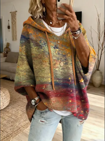 Women's Ethnic Art Print Hooded Knit Sweater