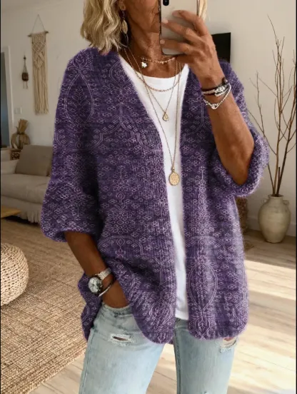 Women's Floral Art Print Casual Cardigan Sweater