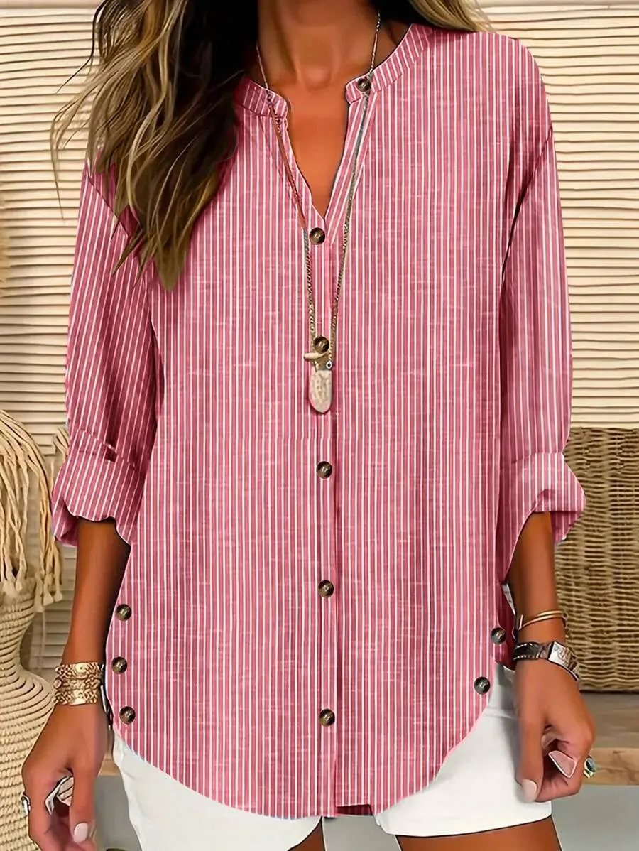 Women's Striped Art Print Casual Long-sleeved Stand Collar Cotton Linen Shirt
