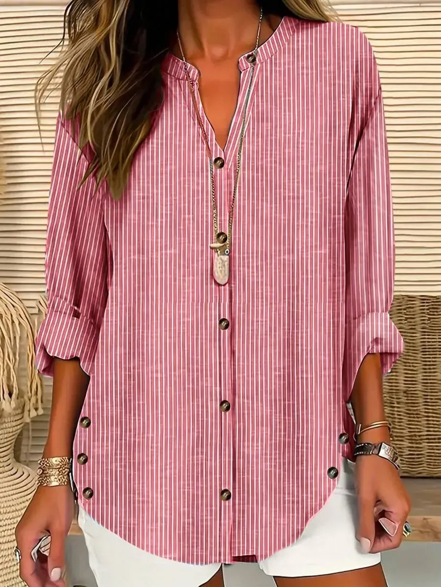 Women's Striped Art Print Casual Long-sleeved Stand Collar Cotton Linen Shirt