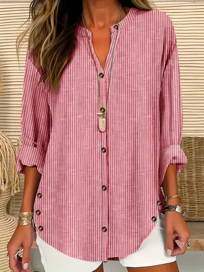 Women's Striped Art Print Casual Long-sleeved Stand Collar Cotton Linen Shirt