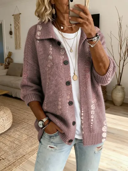 Women's Polka Dot Printed Button-down Comfortable Knit Cardigan