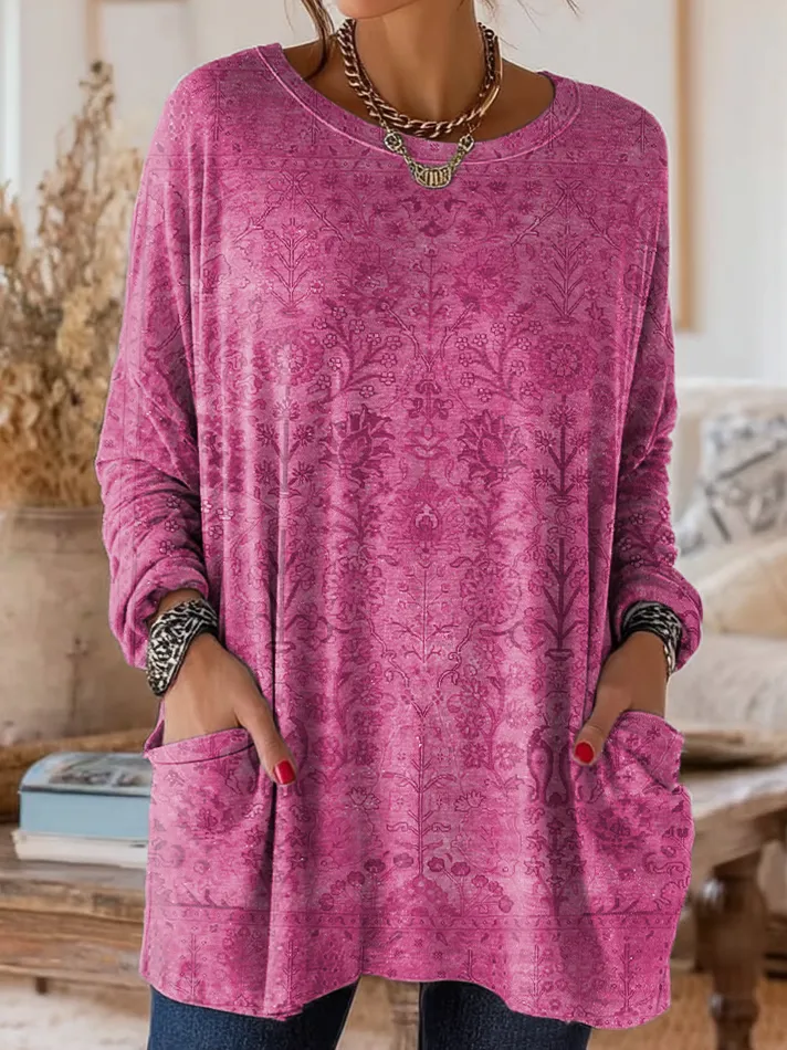 Women's Retro Ethnic Art Print Casual Long-Sleeve Round Neck Cotton T-Shirt