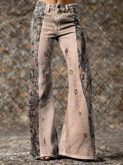 Women's Vintage Ethnic Floral Print Artistic Washed Denim Jeans