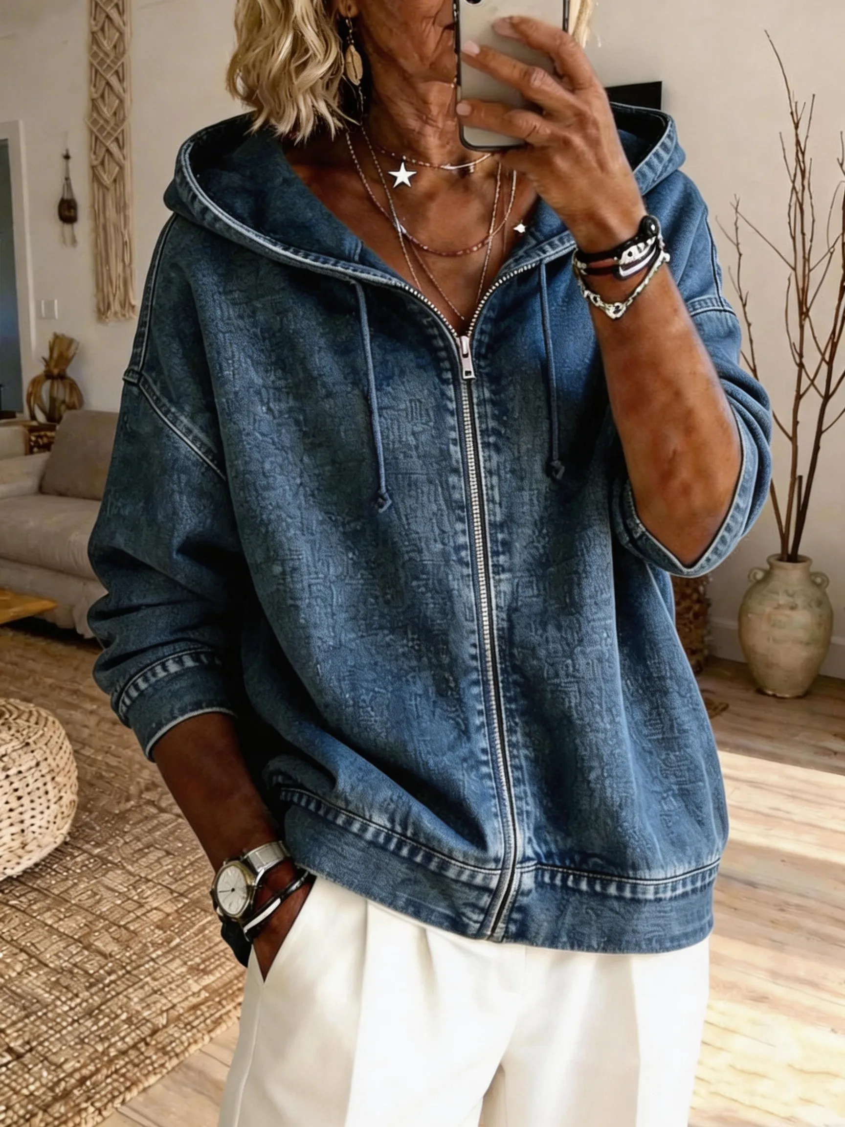 Women's Casual Long-sleeved Hooded Washed Cotton Denim Coat