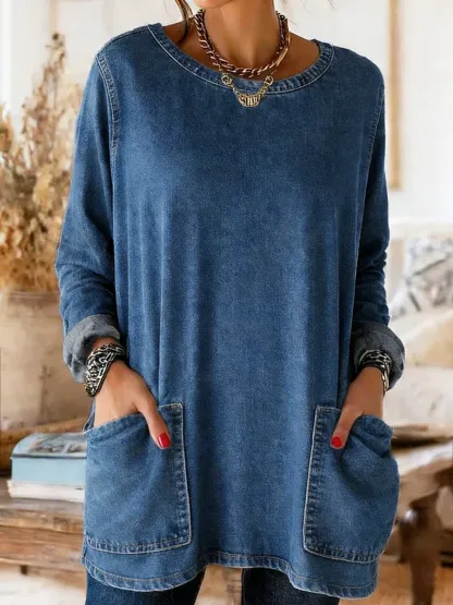 Women's Casual Long-Sleeve Crew Neck Pocket Washed Cotton Denim T-Shirt