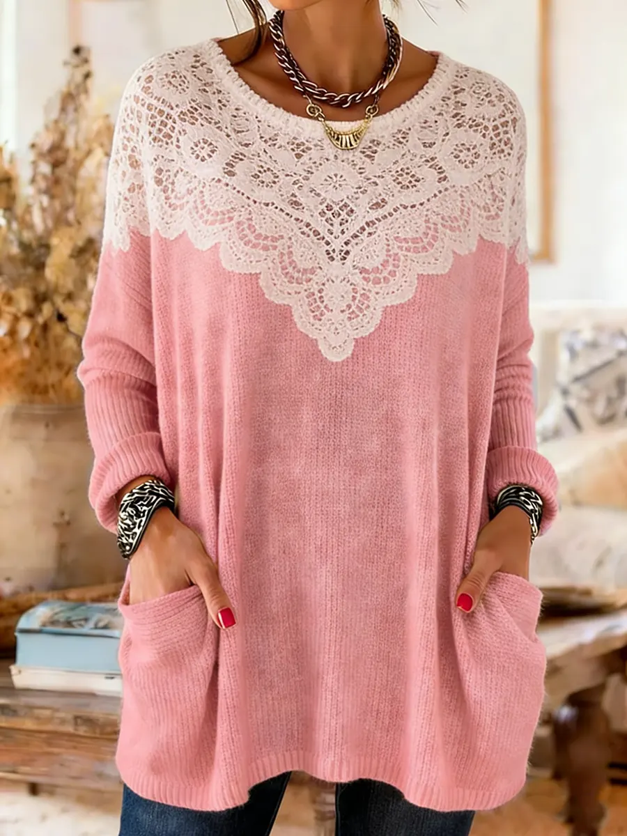 Women's Lace Patchwork Long Sleeve Crew Neck Pocket Sweater