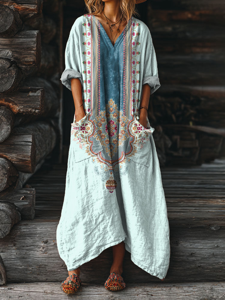 Women's Vintage Ethnic Embellished Patterns Art Printed Pockets V-Neck Cotton Dresses