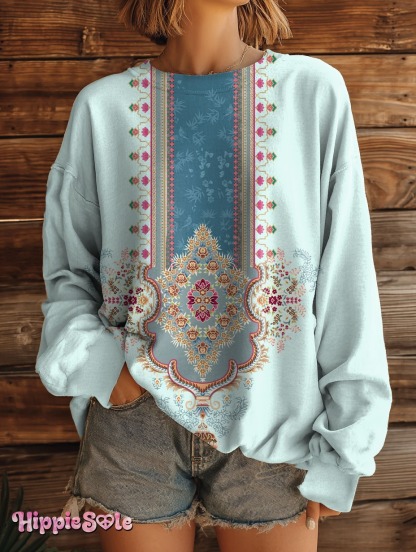Women's Vintage Ethnic Embellished Patterns Art Printed Pockets V-Neck Cotton Dresses