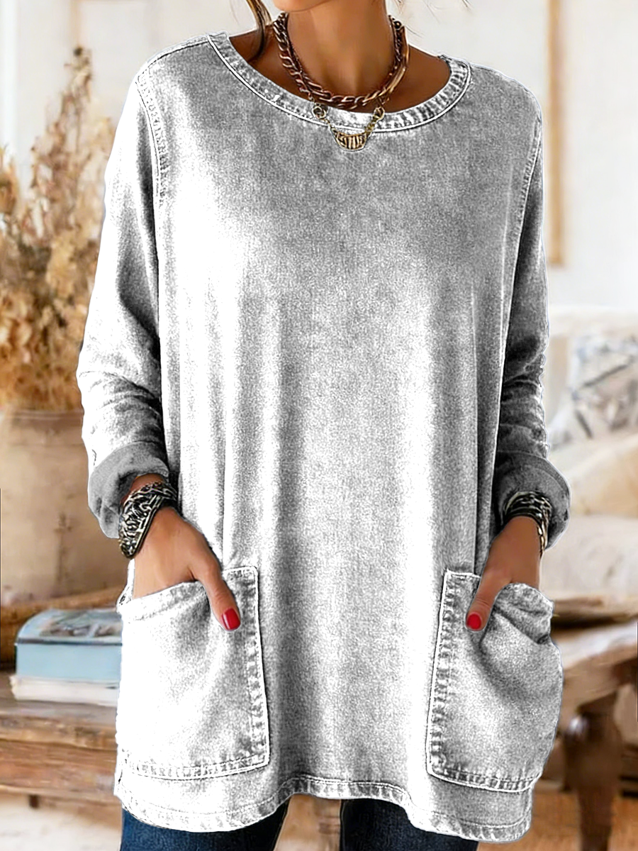 Women's Casual Long-Sleeve Crew Neck Pocket Washed Cotton Denim T-Shirt