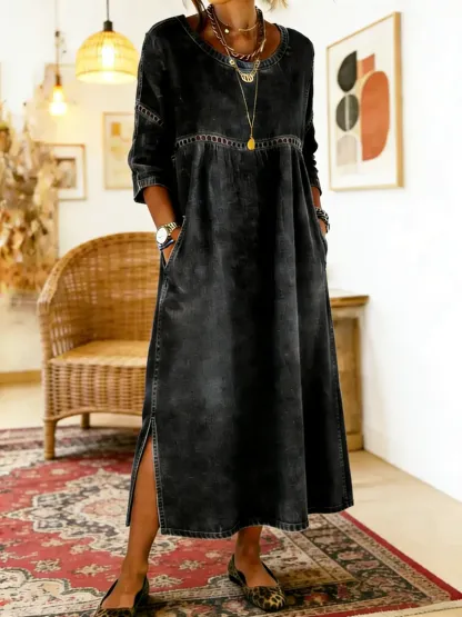 Women's Crew Neck Pocket Cotton Denim Dress
