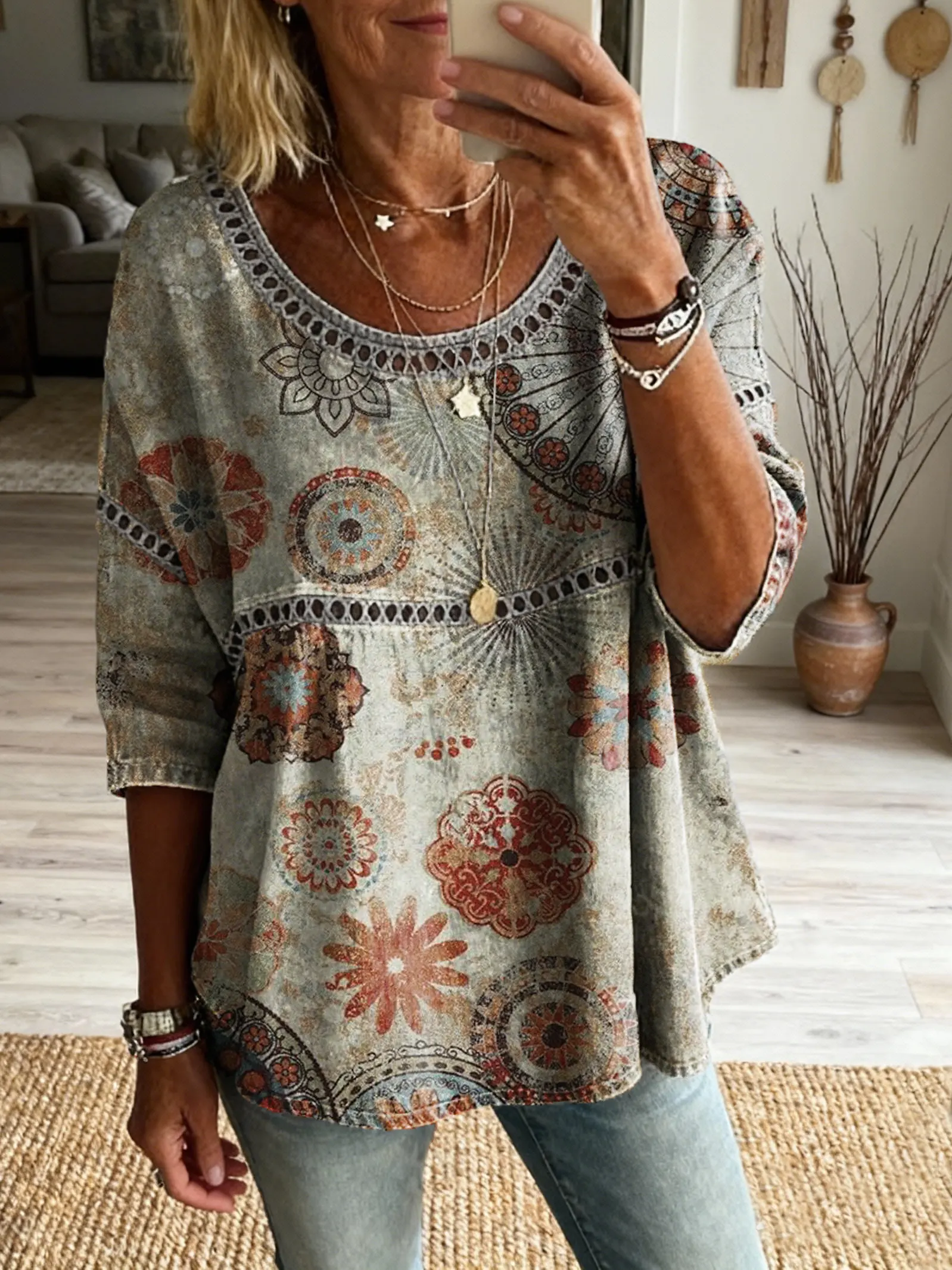 Ethnicity Bohemian Style Totem Women's Vintage Art Print Casual Round Neck Cutout Top