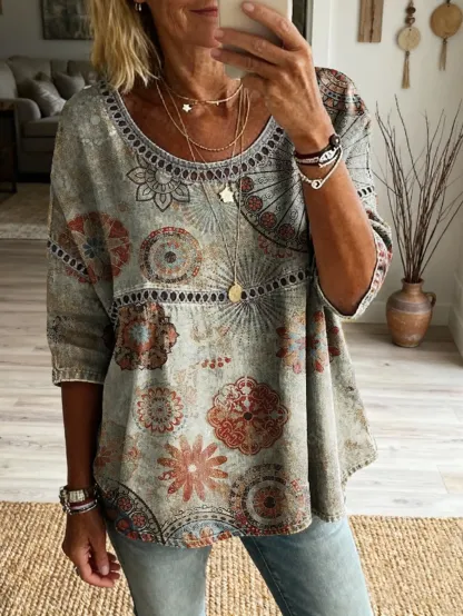 Ethnicity Bohemian Style Totem Women's Vintage Art Print Casual Round Neck Cutout Top