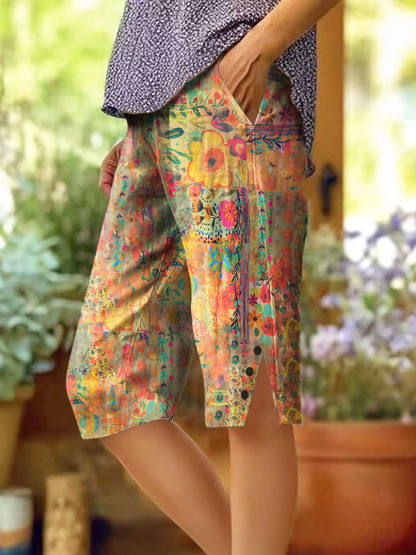 Women's Vintage Watercolor Flower Collage Art Print Casual Cotton And Linen Shirt