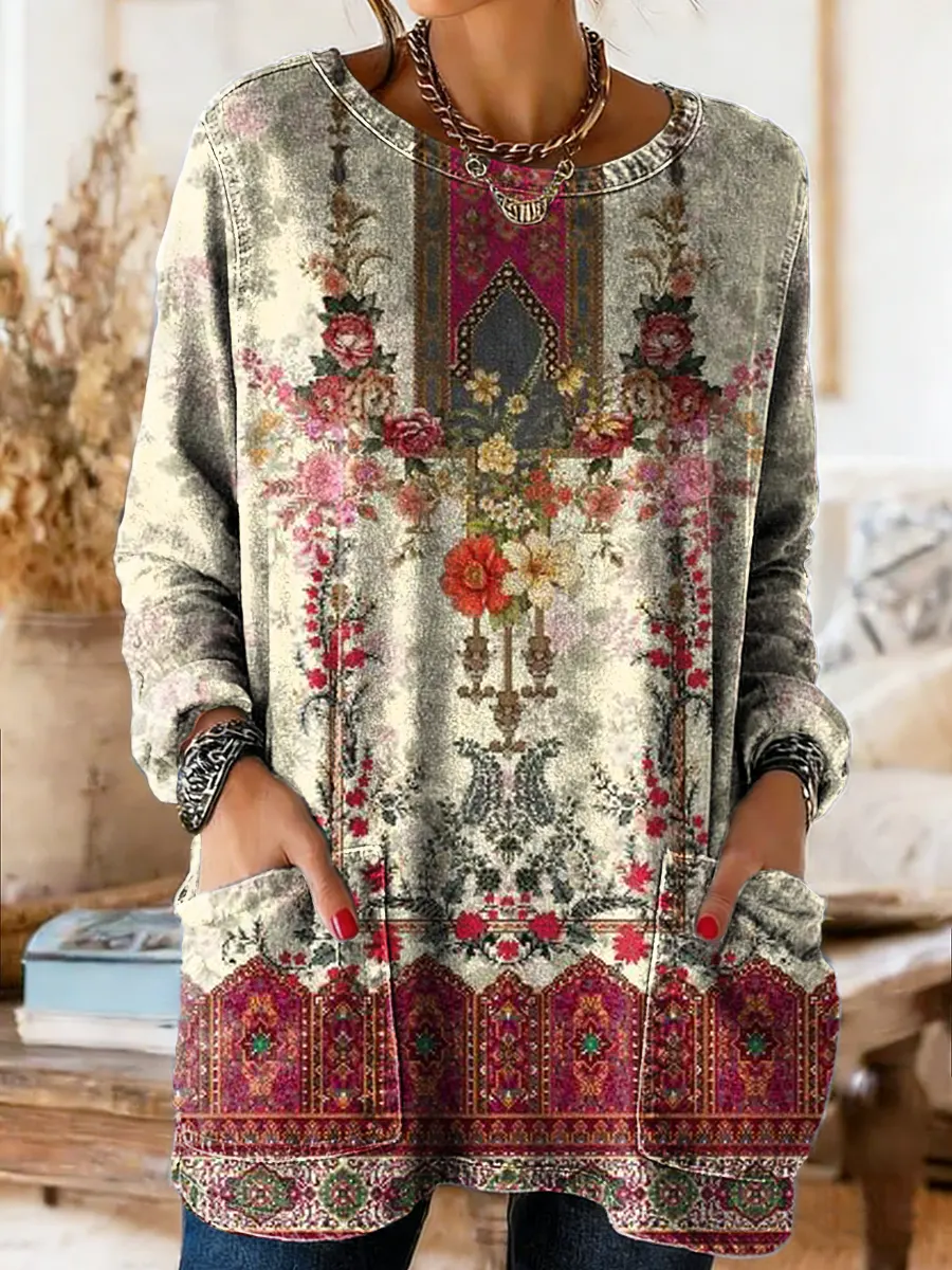 Women's Vintage Ethnic Floral Art Print Casual Long-sleeve Crew Neck Pocket Cotton Denim T-shirt