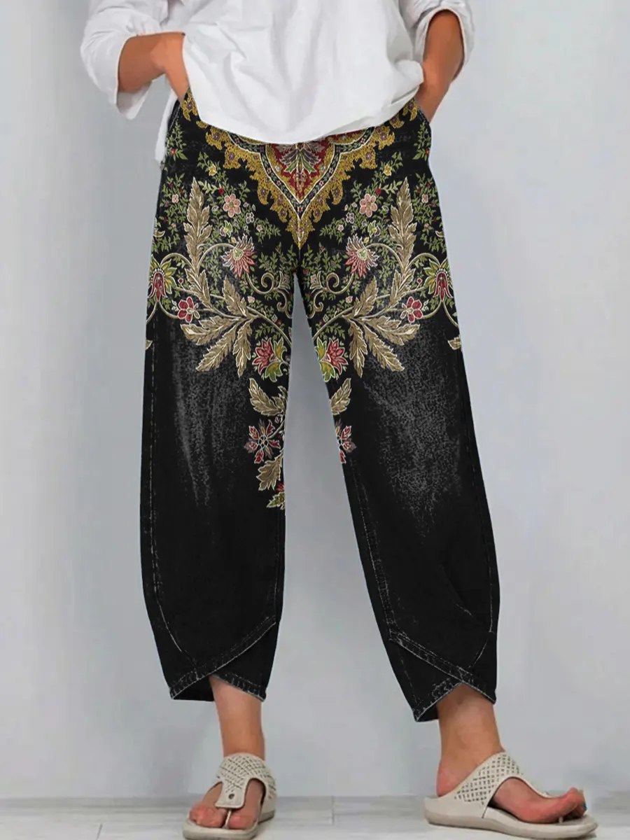Women's Ethnic Floral Print Cotton Jeans