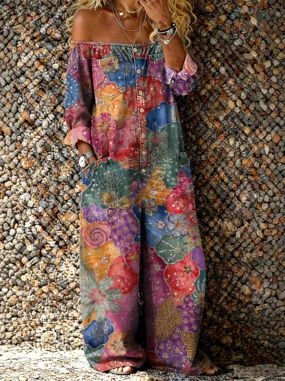 Women's Retro Floral Art Print Casual Long-Sleeved Washed Cotton Denim Jumpsuit