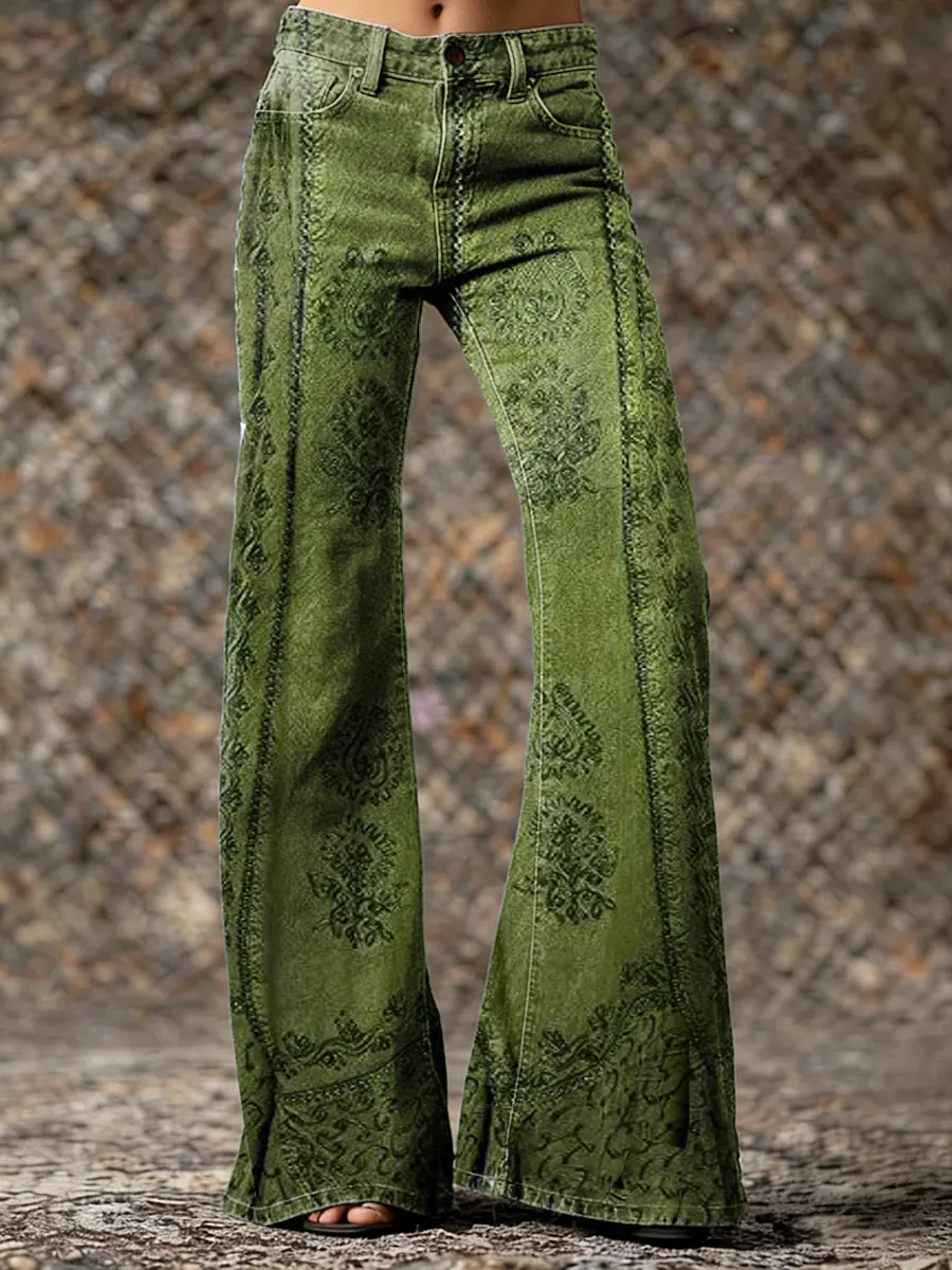 Women's Vintage Ethnic Floral Print Artistic Washed Denim Jeans