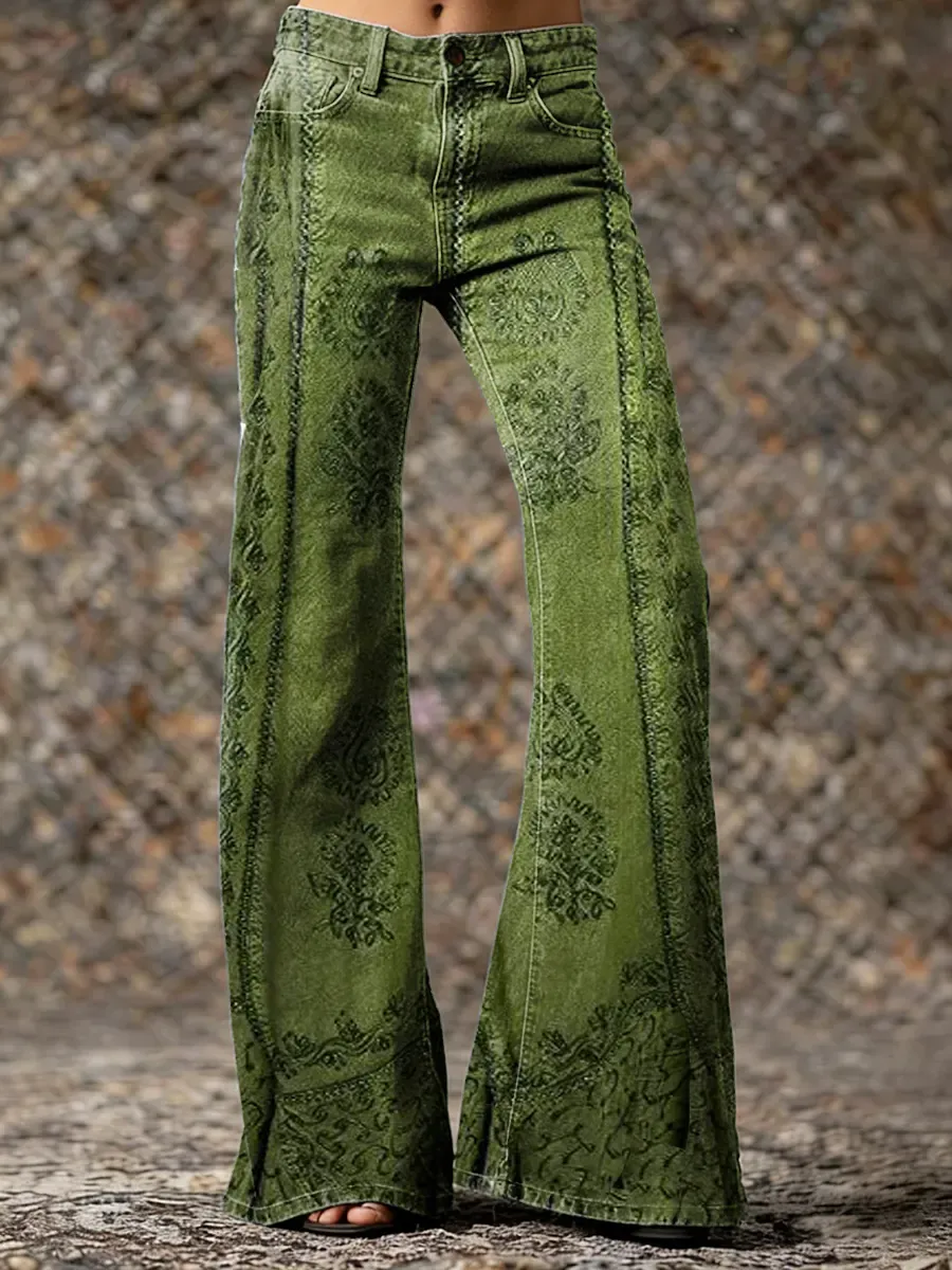 Women's Vintage Ethnic Floral Print Artistic Washed Denim Jeans