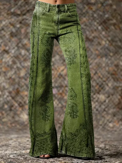 Women's Vintage Ethnic Floral Print Artistic Washed Denim Jeans