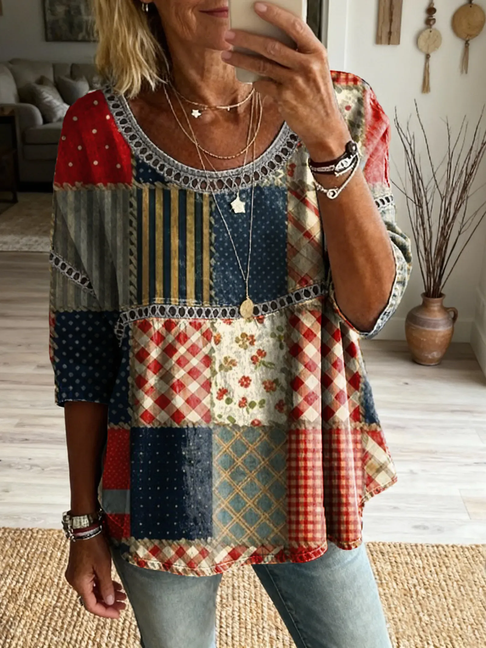 Women's Bohemian style floral patchwork art print casual round neck cu