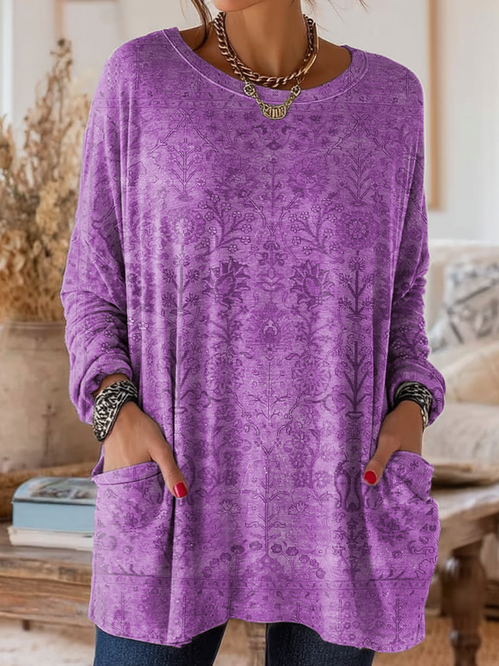 Women's Retro Ethnic Art Print Casual Long-Sleeve Round Neck Cotton T-Shirt