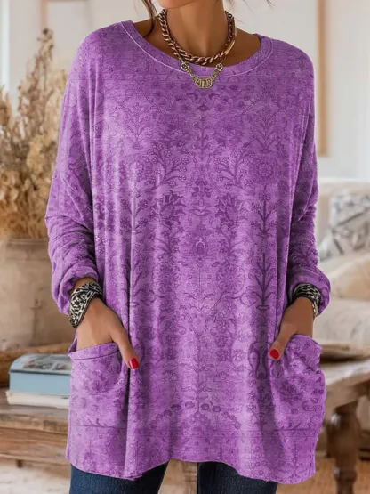 Women's Retro Ethnic Art Print Casual Long-Sleeve Round Neck Cotton T-Shirt