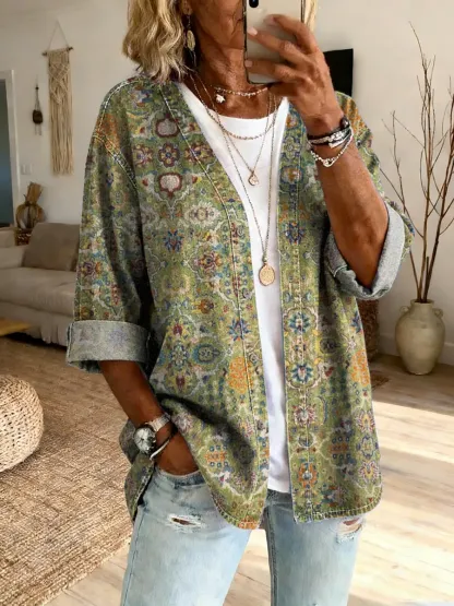 Women's Ethnic Totem Art Print Washed Cotton Denim Cardigan