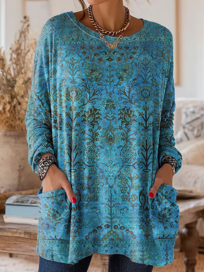 Women's Retro Ethnic Art Print Casual Long-Sleeve Round Neck Cotton T-Shirt