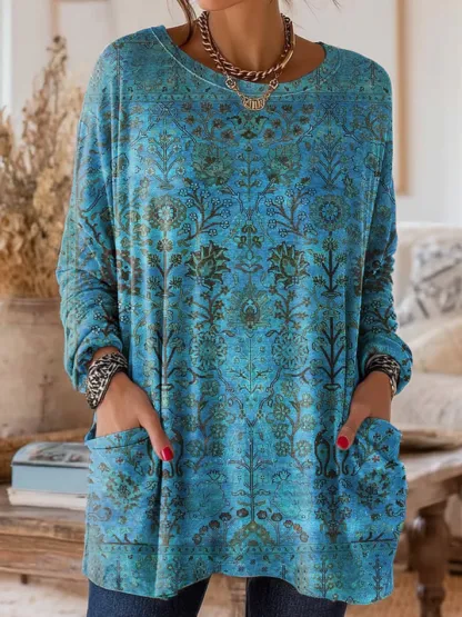 Women's Retro Ethnic Art Print Casual Long-Sleeve Round Neck Cotton T-Shirt