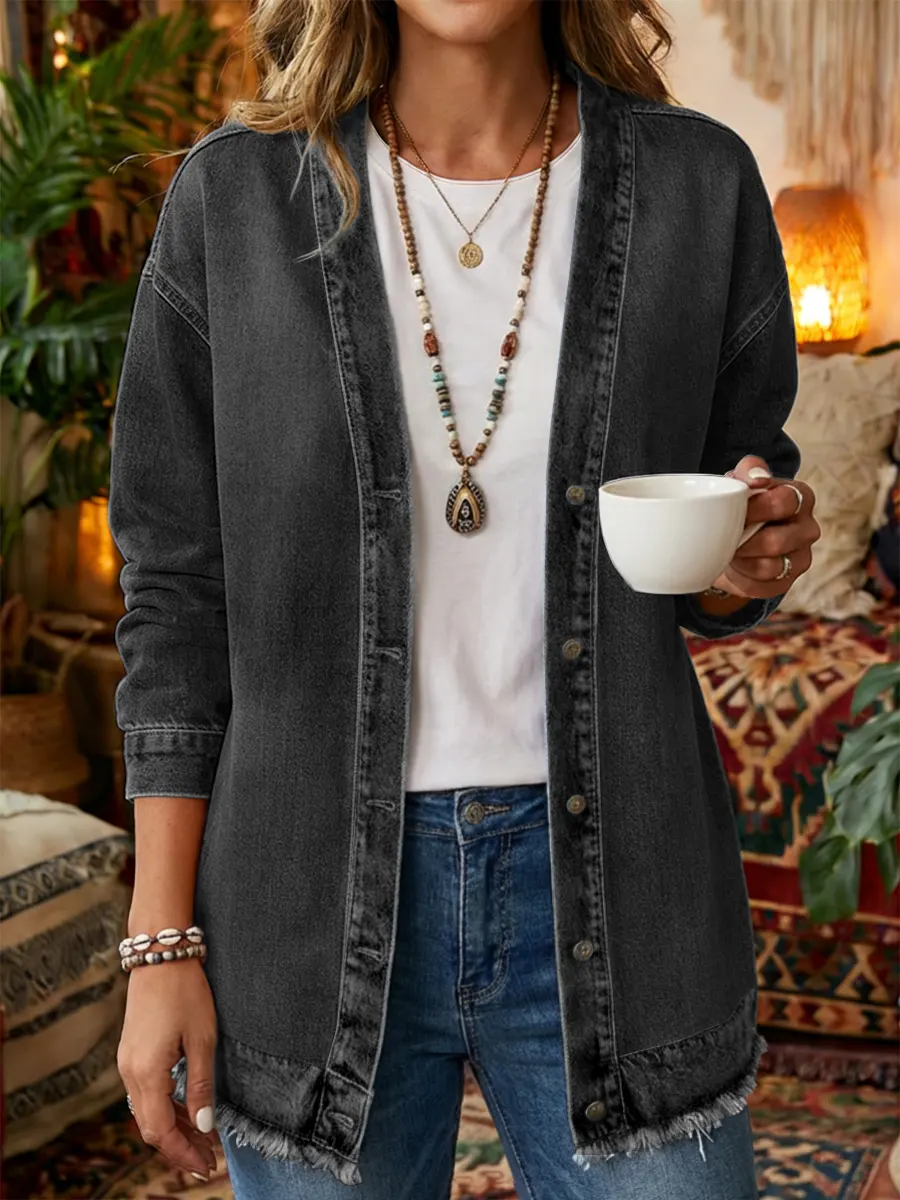 Women's Art Print Casual Long Sleeve Denim Shirt Coat