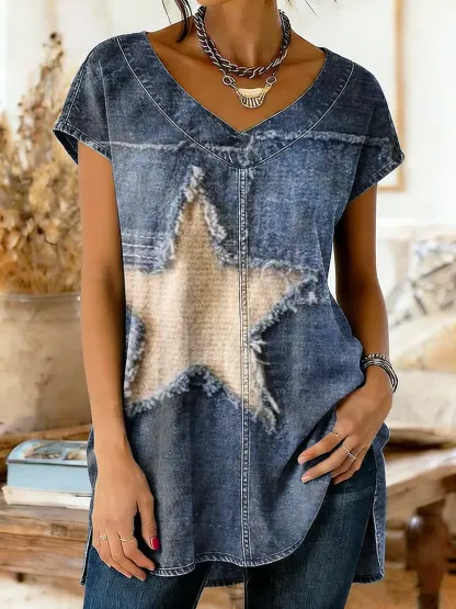 Ethnicity Stars Patchwork Women's Art Print V-neck Denim Short-sleeve Top