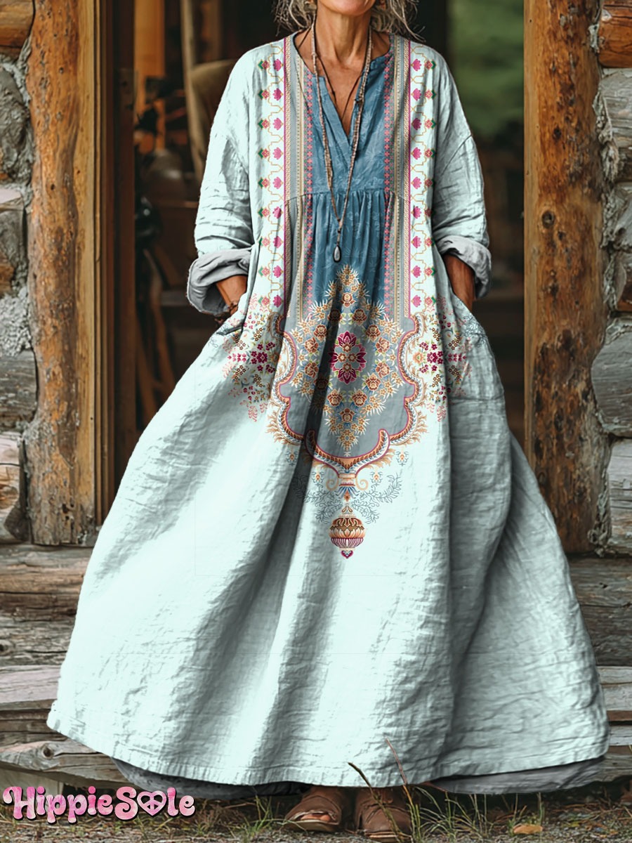 Women's Vintage Ethnic Embellished Patterns Art Printed Pockets V-Neck Cotton Dresses