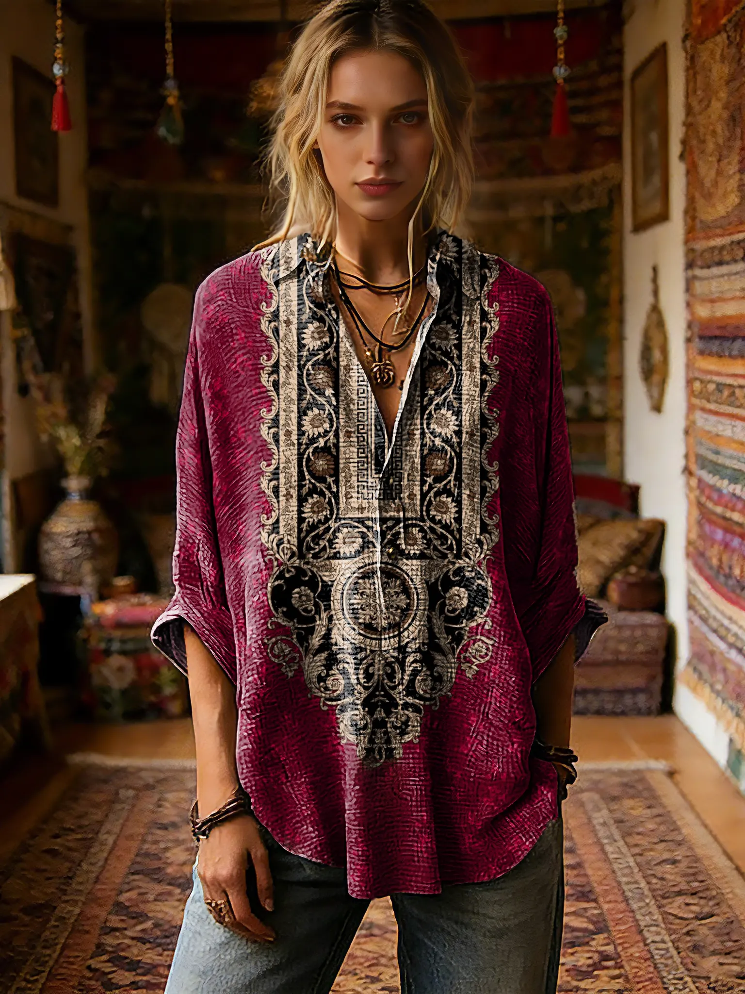 Women's Retro Bohemian Floral Art Print Casual Long-sleeve Shirt