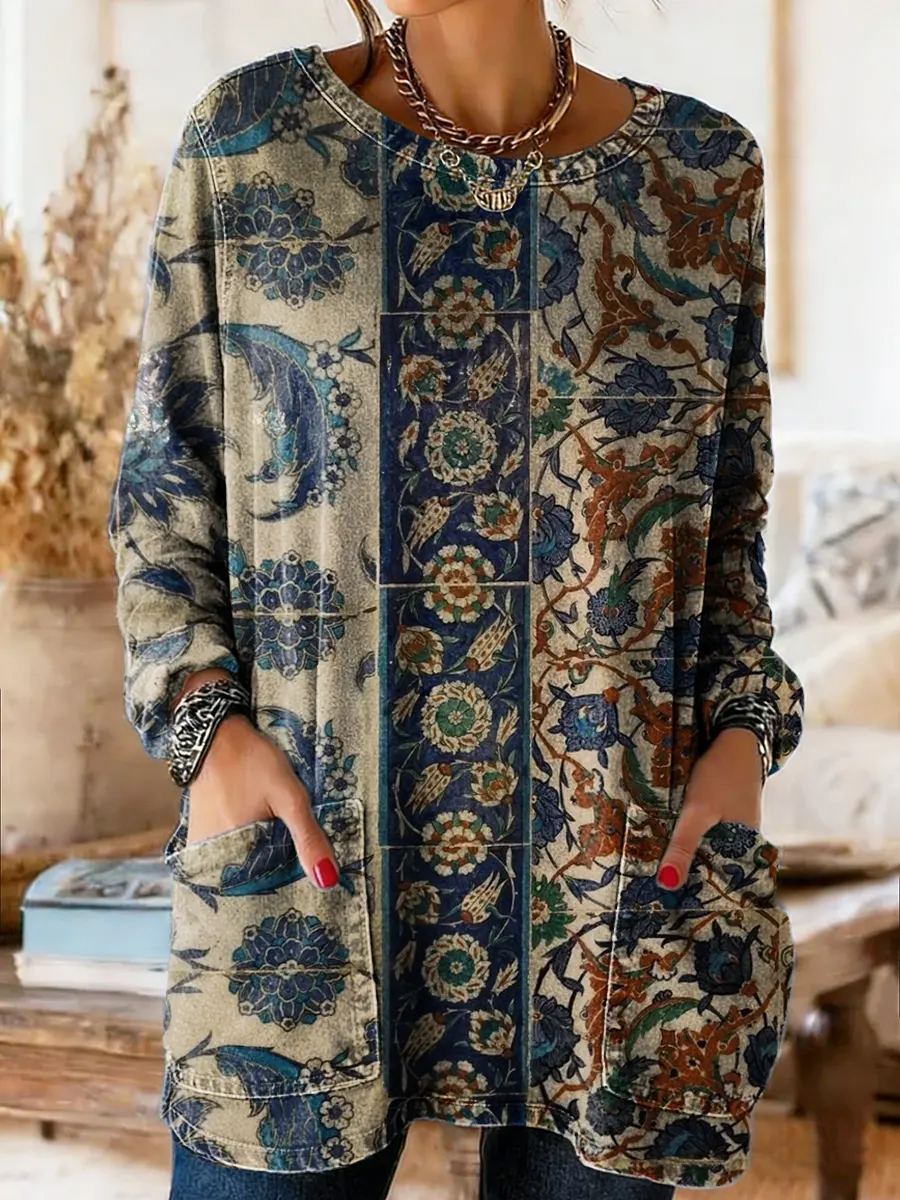 Women's Vintage Ethnic Floral Art Print Casual Long-sleeve Crew Neck Pocket Cotton Denim T-shirt