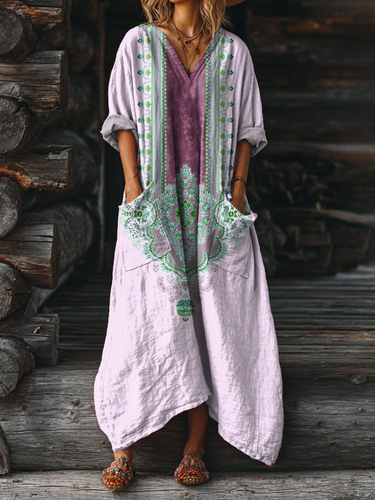 Women's Vintage Ethnic Embellished Patterns Art Printed Pockets V-Neck Cotton Dresses