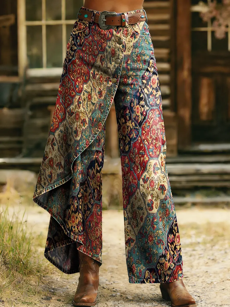 Women's Ethnic Totem Print Printed Ruffled Jeans