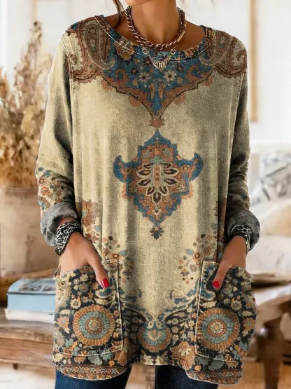 Women's Bohemian Totem Art Print Casual Washed Denim Cotton Top