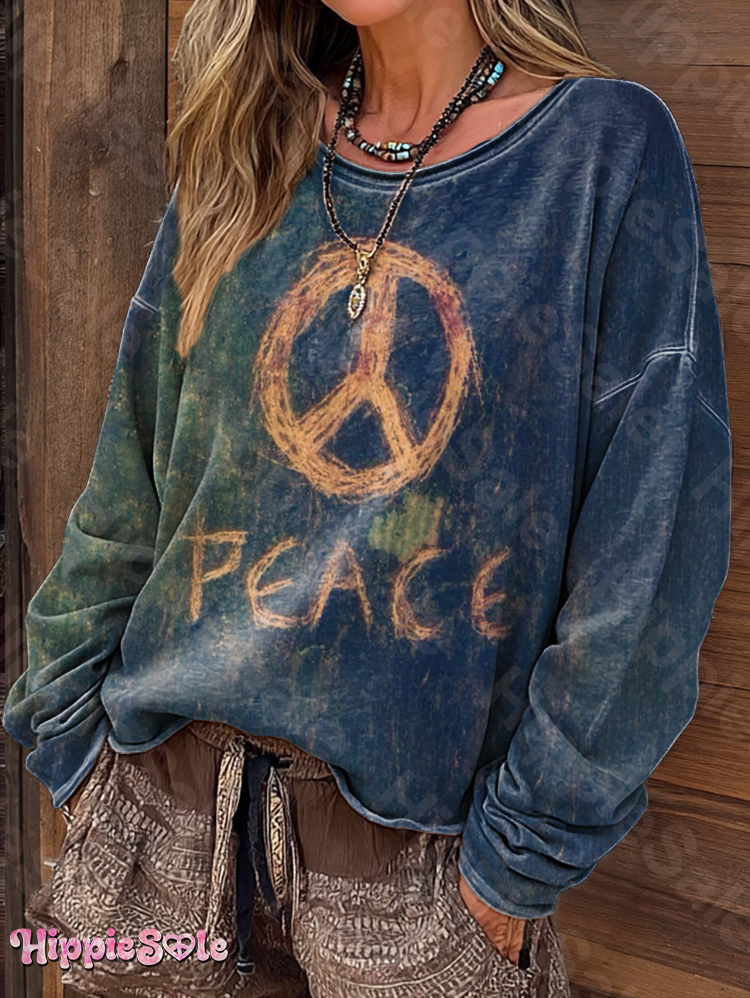 Women's Vintage Hippie Peace Art Print Casual Long-Sleeve T-Shirt