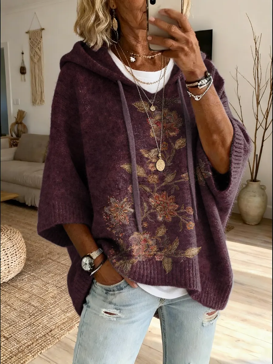 Women's Floral Art Print Hooded Knit Sweater
