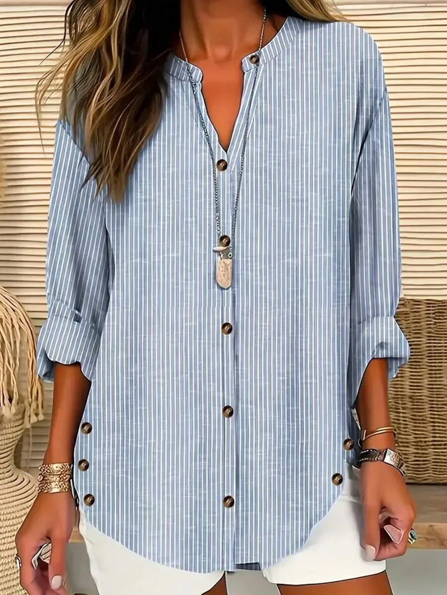 Women's Striped Art Print Casual Long-sleeved Stand Collar Cotton Linen Shirt