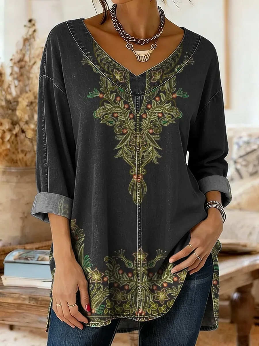 Retro Ethnic Pattern Art Print Casual Washed Denim Cotton Top