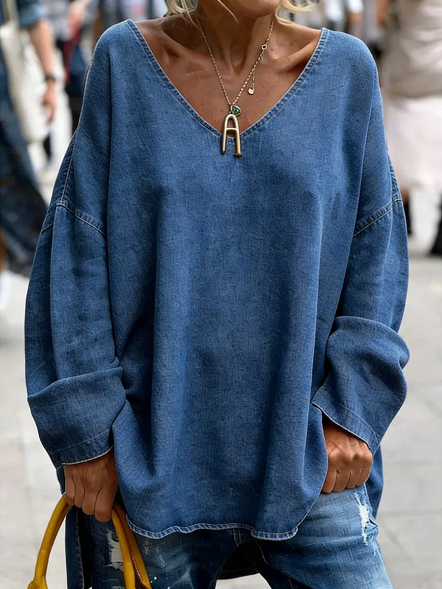 Women's Casual V-neck Long-sleeved Cotton Denim Top