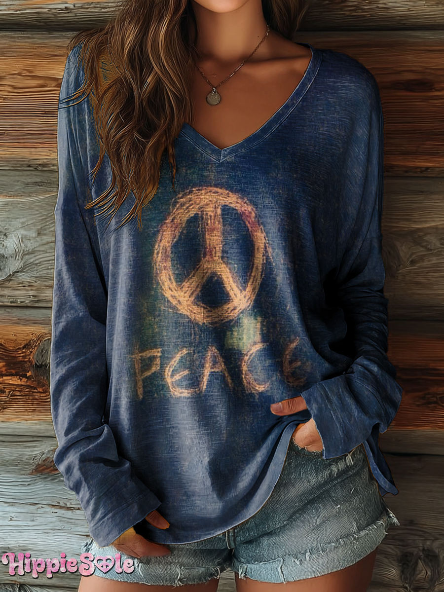 Women's Vintage Hippie Peace Art Print Casual Long-Sleeve T-Shirt