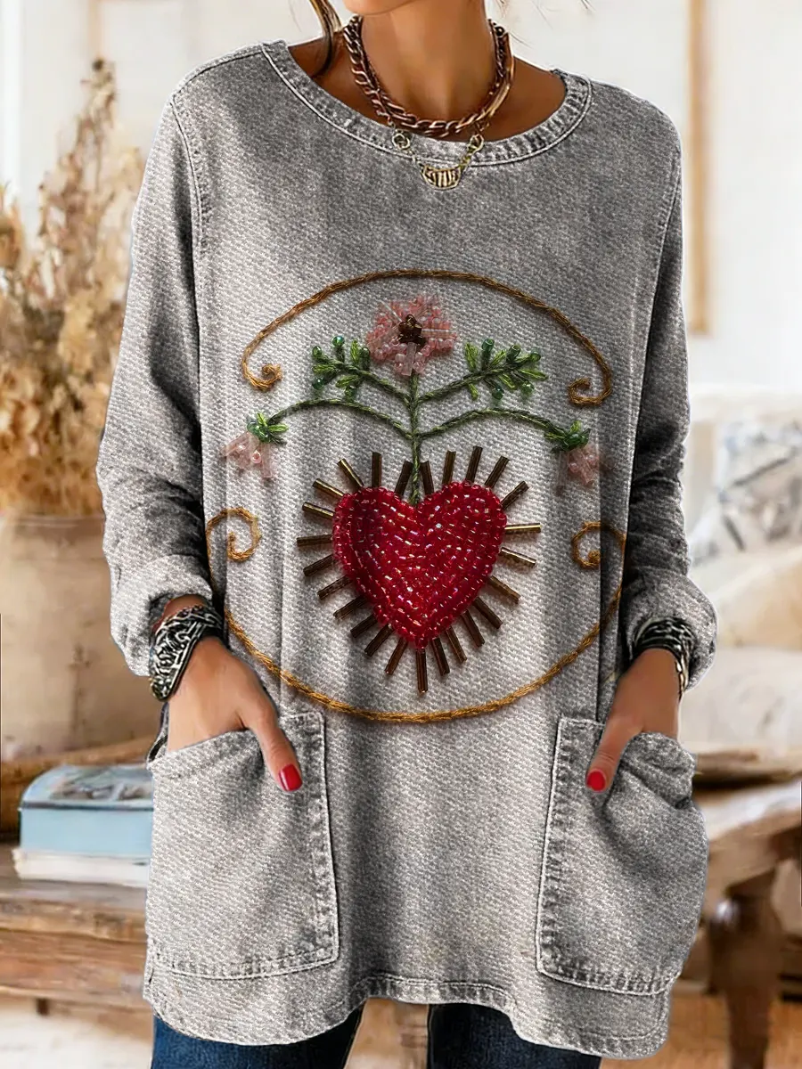 Women's Artistic Heart Pattern Printed Casual Long-sleeve Crew Neck Pocket Cotton Denim T-shirt