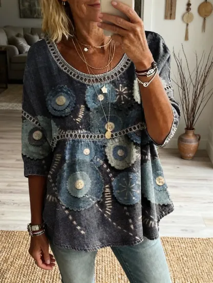 Women's Floral Vintage Patchwork Artistic Print Casual Round Neck Cutout Top